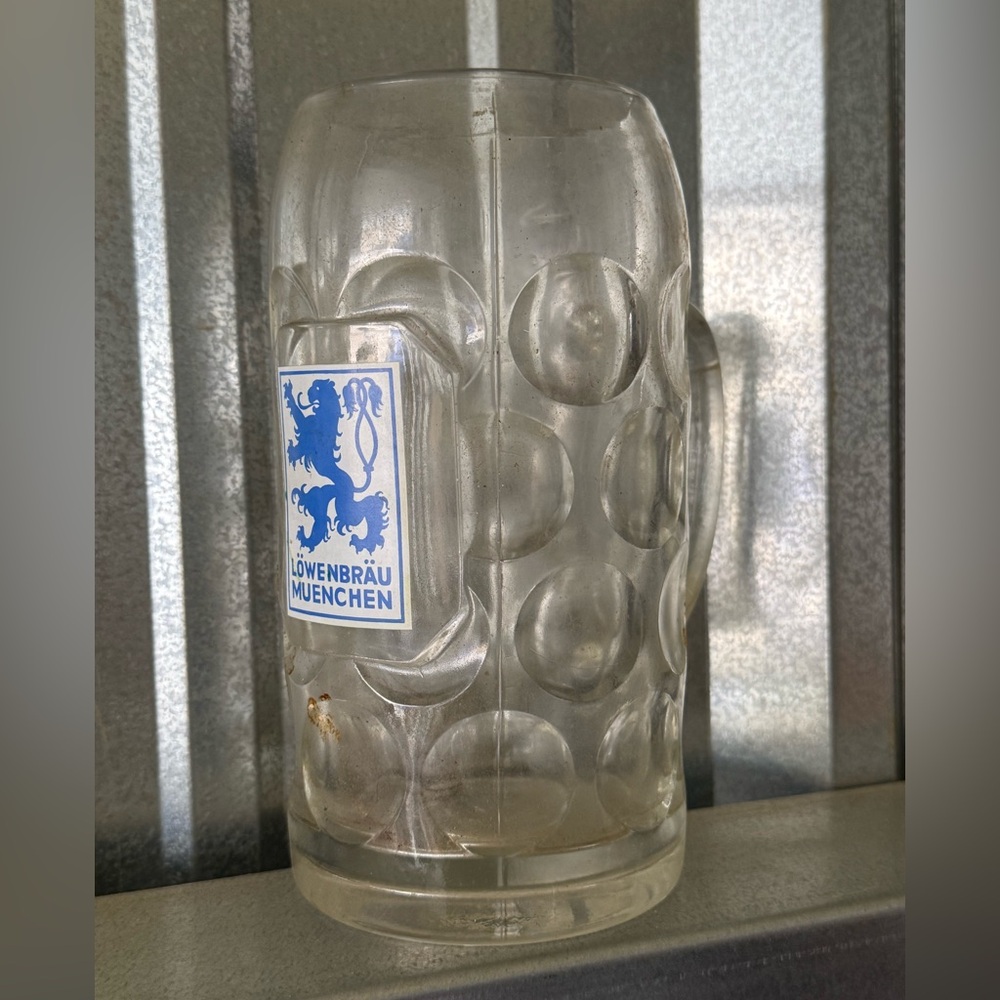 Vintage Lowenbrau Munchen dimpled clear with blue logo glass beer stein HEAVY